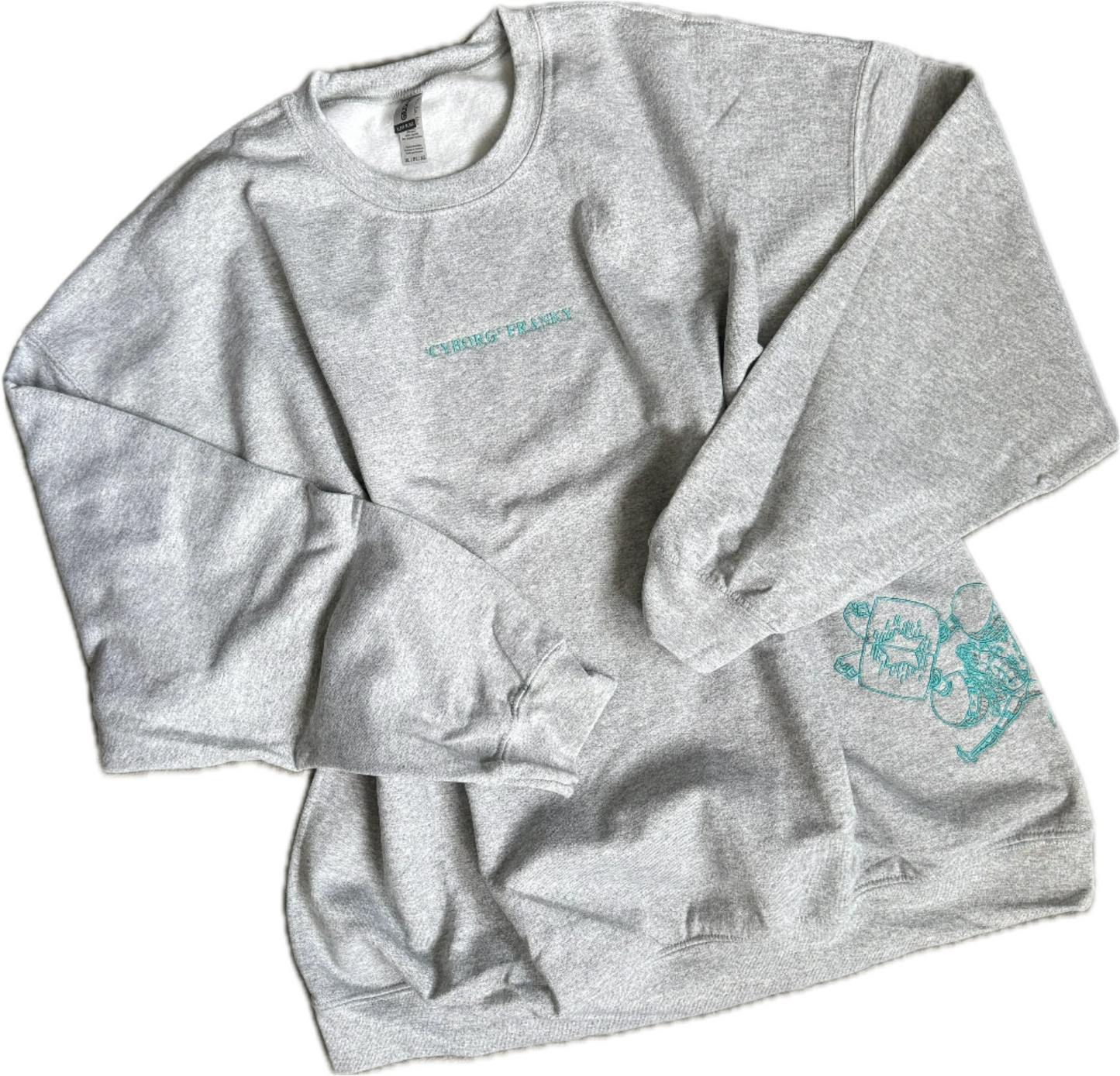 Gray sweatshirt with a logo on a white background