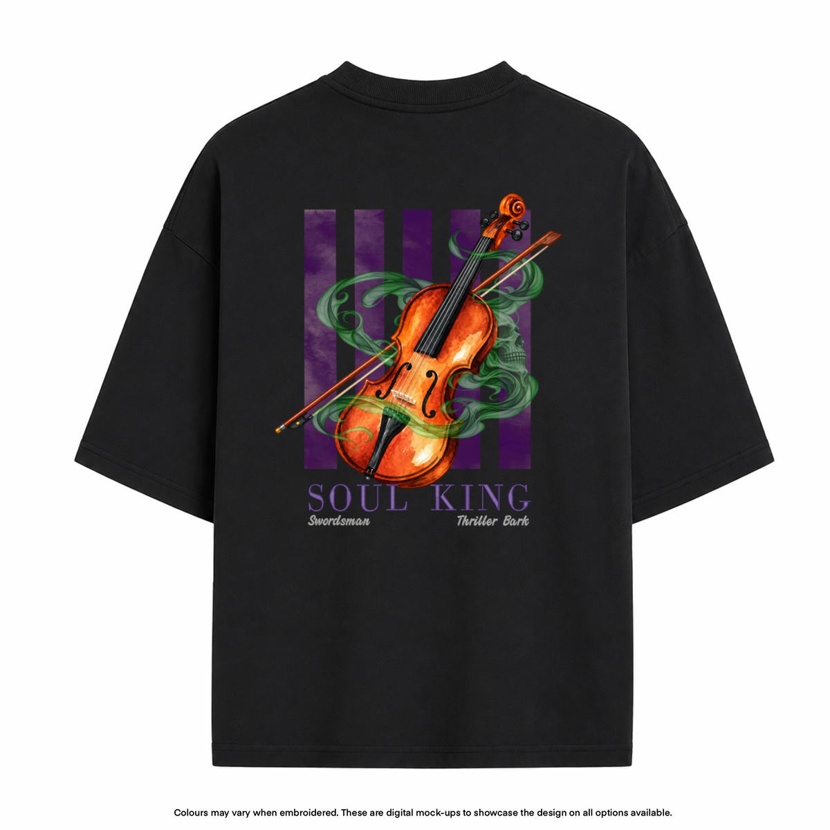 A black oversized t-shirt shown from the back, featuring a graphic print of an orange violin with green smoke and purple stripes, with the text 'SOUL KING' and 'Swordmaster Thriller Bark'.
