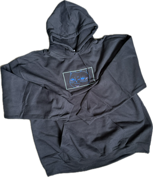 Black hoodie with a graphic design on a white background