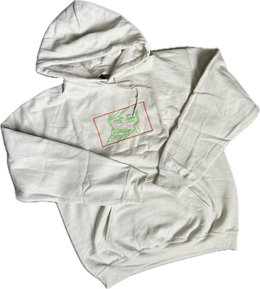 White hoodie with a green graphic on a white background