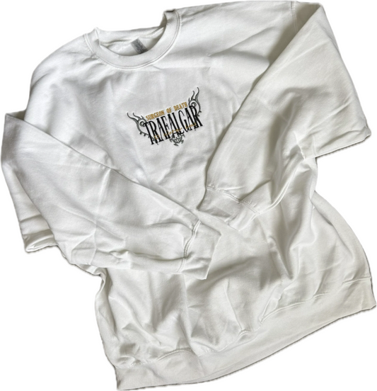 White sweater with 'surgeon of Death trafalgar' logo on a white background