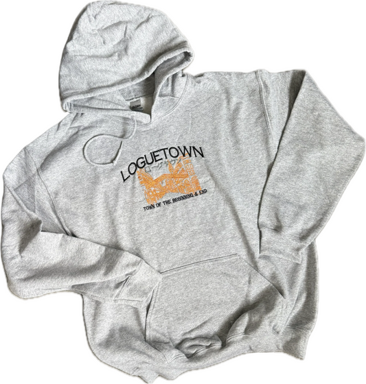 Gray hoodie with a logo and text on a white background