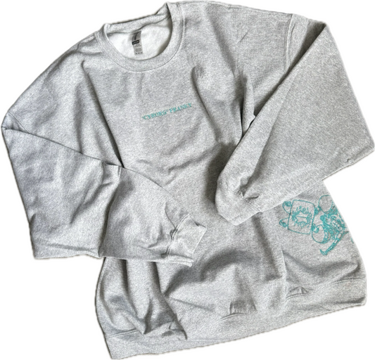 Gray sweatshirt with a logo on a white background
