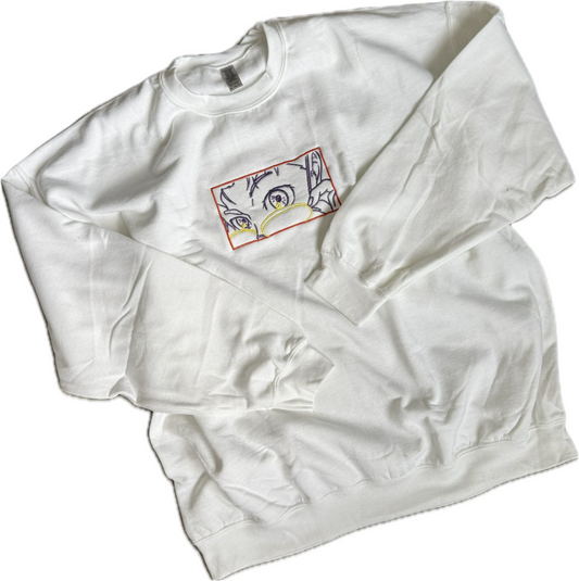 White sweatshirt with a graphic design on a white background
