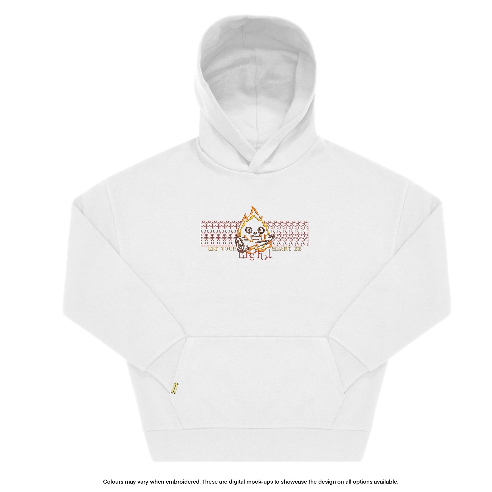 White hoodie with embroidered design on a white background